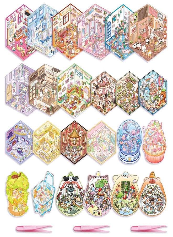 Aifong 24 Sets 3D Sticker Scene Fun Cute Cartoon Stickers Scene Make Your Own Mini Room Scenes Miniature Supermarket for Relief Stress Pass The Time (A1-24sets) - Image 1